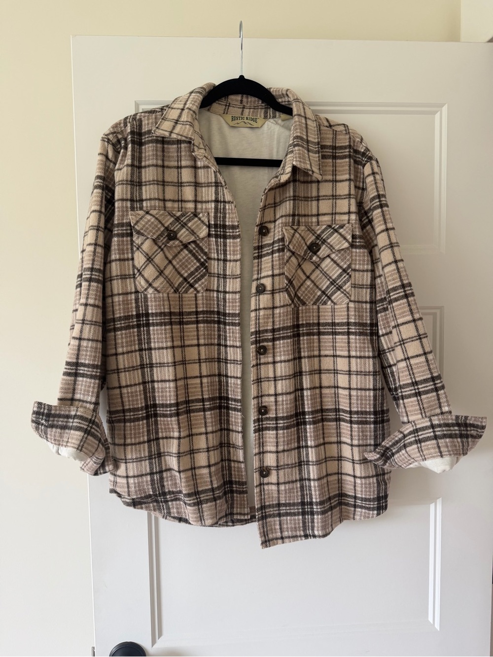 Beige & Brown Plaid Button-Up Shacket